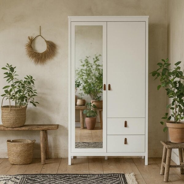 Wyld Haus Wildberry Matt White Wooden Mirror Wardrobe 2 Doors 2 Drawers Leather Handles