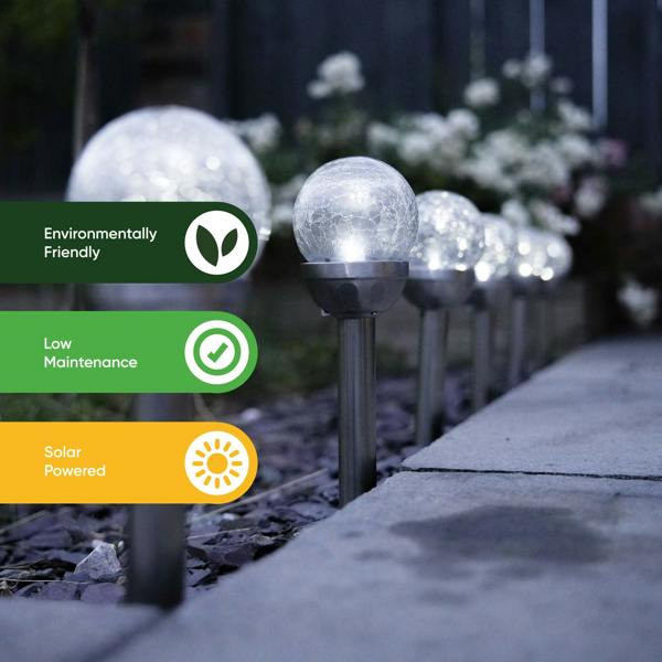 Gardenwize Pack of 6 Solar Stake Lights – Crackle Glass Ball 8cm LED Lights
