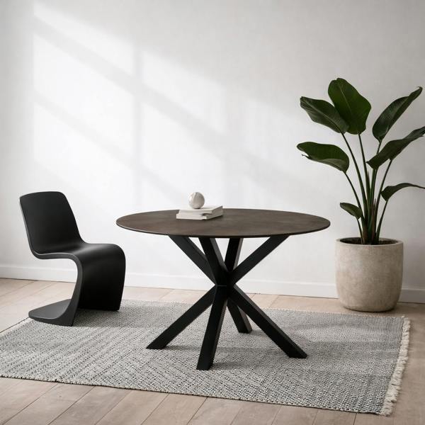Wyld Haus Perth 119cm Rusty Brown Ceramic Round Dining Table Industrial Black Metal Legs