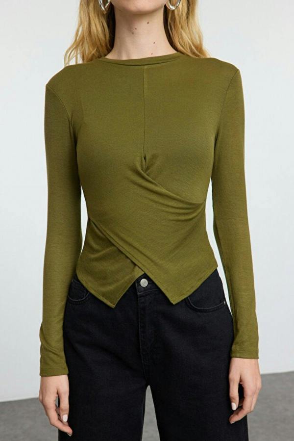 WOVCOR Double-Breasted Knit Blouse with Gather/Drape Detail