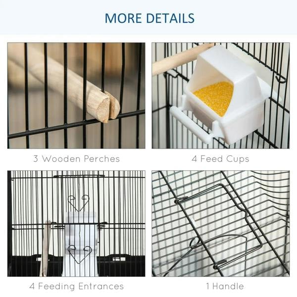 Black metal bird cage features: wooden perches and four feed cups