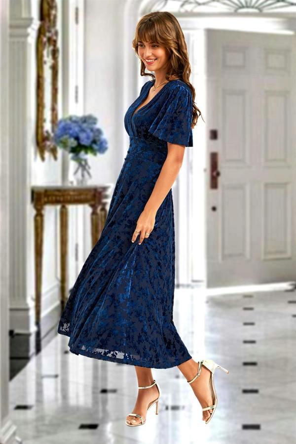 FS Collection Floral Velvet Devore V neckline Dress In Navy