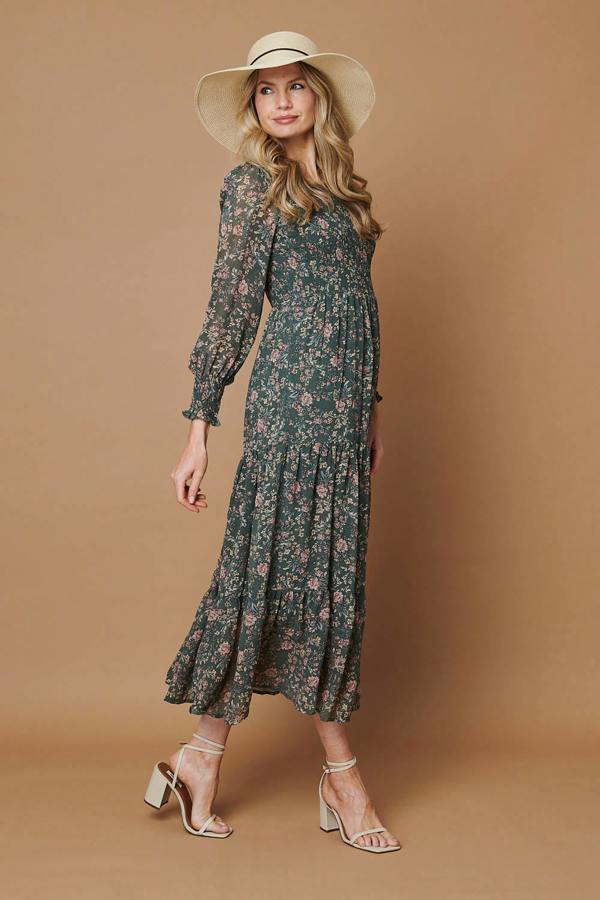 Sage | Ditsy Floral Long Sleeve Midi Dress