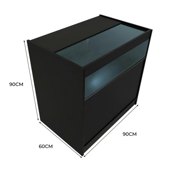 Black LED retail shop counter B900 with glass top, sleek design, measuring 90cm high, 90cm wide, and 60cm deep