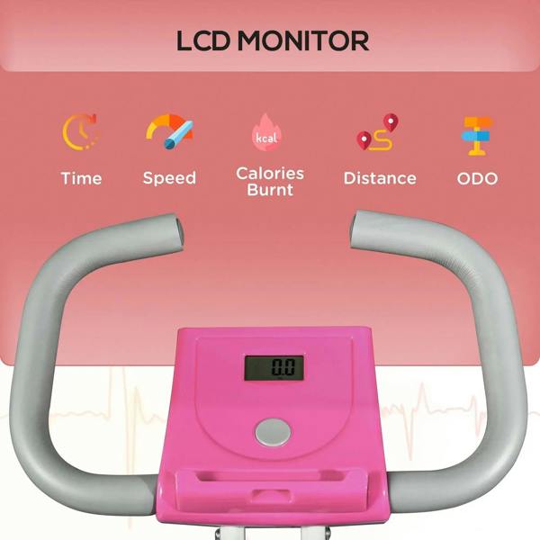 Pink LCD monitor on folding exercise bike with gray handlebar grips