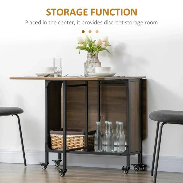 Brown drop-leaf dining table with open storage cabinet and glass bottles on shelves