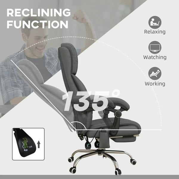 Grey reclining office chair with adjustable tilt and footrest, five-star base