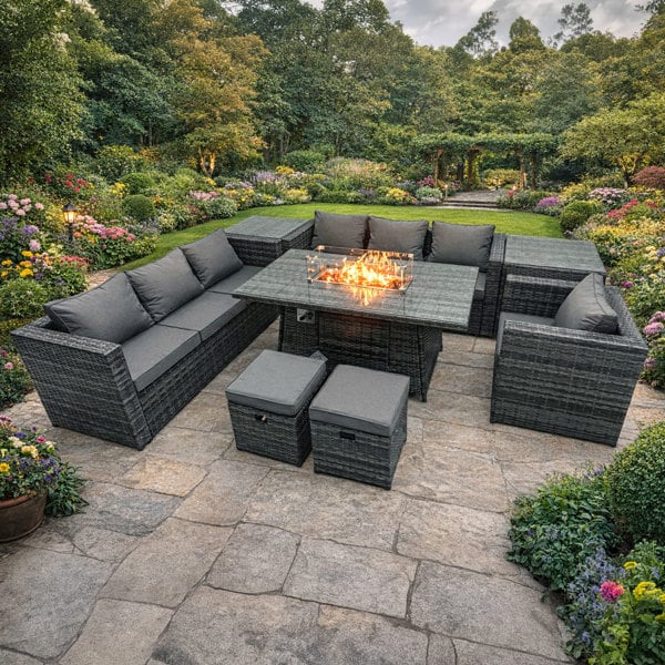 Fimous 9 Seater Rattan Garden Furniture Set with Fire Pit Dining Table, 2 Sofas, 2 Side Tables, 1 Chair, 2 Footstools - Dark Grey