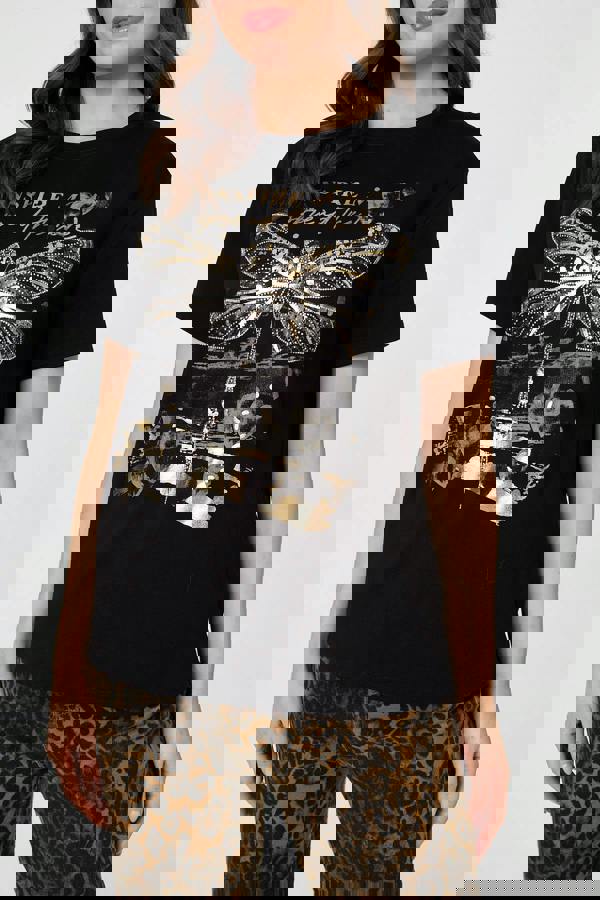 Black | Graphic Print Metallic Detail T-Shirt