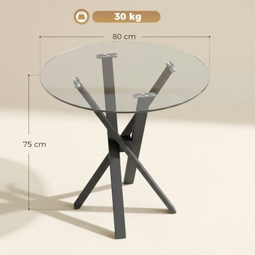 HOMCOM Round Dining Table, 80cm Kitchen Table w/ Tempered Glass Top, Clear