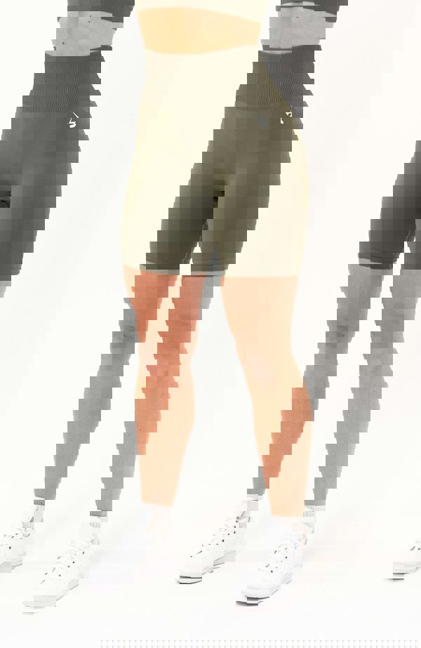 V3 Apparel Women's seamless Limitless high waisted cycle shorts in olive fade green – Squat proof 5 inch inseam leg bum enhancing shorts for Gym workouts training, Running, yoga, bodybuilding and bikini fitness.