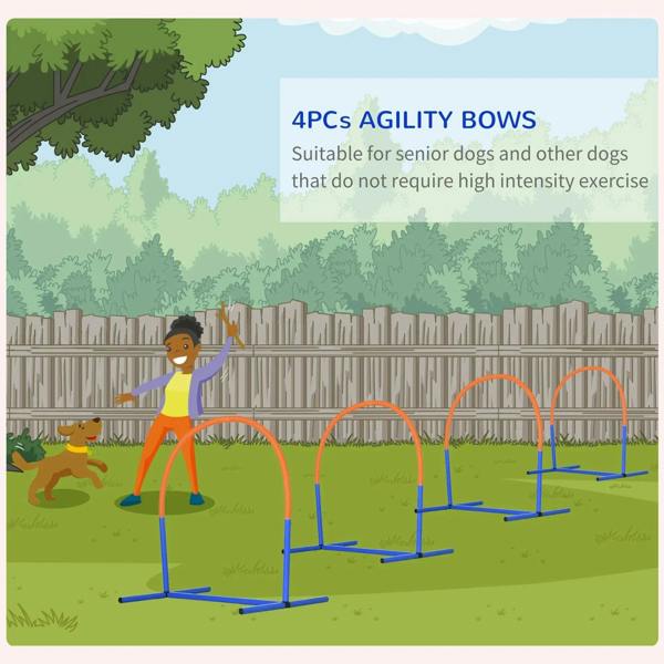Four-piece agility bow hurdles with orange arches and blue base bars