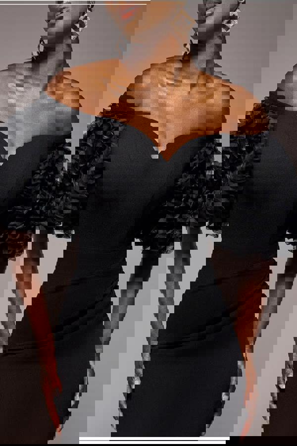 Off The Shoulder 3D Puffed Sleeve Sweetheart Maxi Dress - Black DR4637