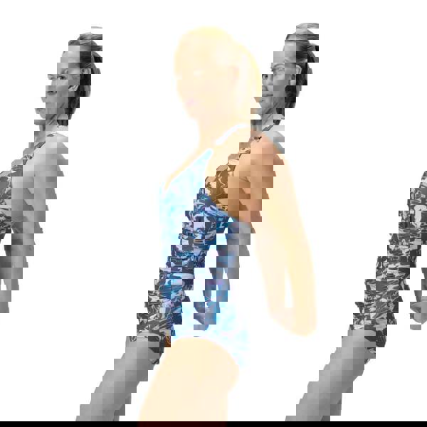 Speedo shaping printed V neck swimsuit in purple grey floral halter