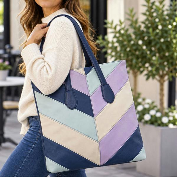 Lorenz Chevron Colour Block Tall Tote Shopper Bag - Navy/Blue/Lilac/Beige