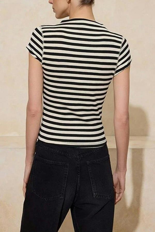 WOVCOR Striped Fitted High Neck Short Sleeve Soft Knit Blouse