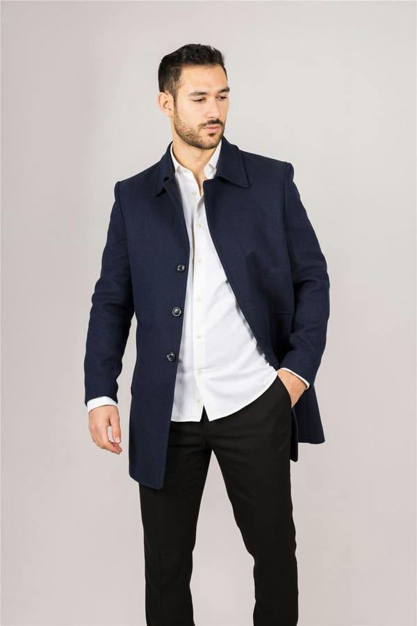 Infinity Leather Men's Wool Blend Classic Collar Navy Overcoat