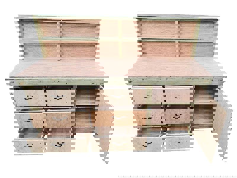 Arbor Garden Solutions Wooden Eucalyptus hardwood top workbench, cabinet with lockable cupboard (V.3) with back and double shelf