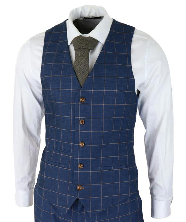 Paul Andrew Mens 3 Piece Suit Blue Gold Check Peaky Blinders 1920 Gatsby Smart Vintage Suit
