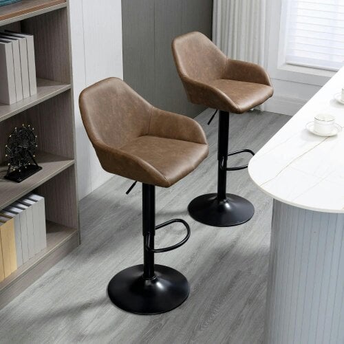 Bobobiy Bar Stools Set of 2, Height Adjustable Swivel Barstools, PU Leather Kitchen Stools with Backs, Counter and Dining Room, Dark Brown