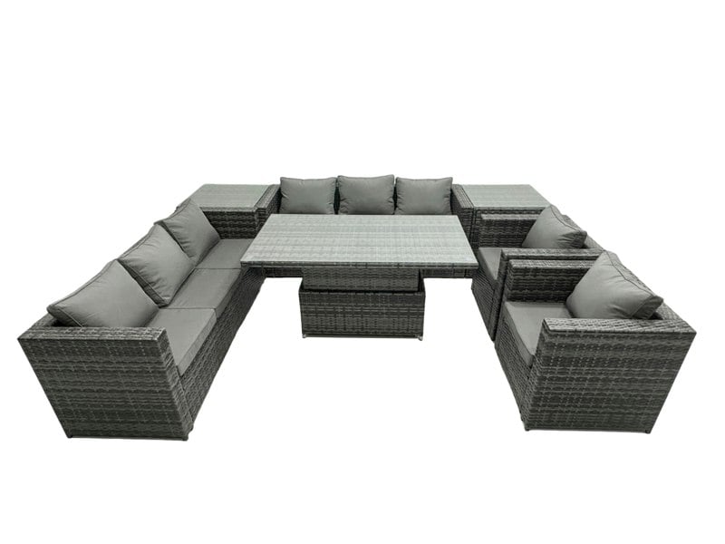Fimous 8 Seater?Outdoor Rattan Garden Furniture Adjustable Rising Lifting Table Armchairs Dark Grey Mixed