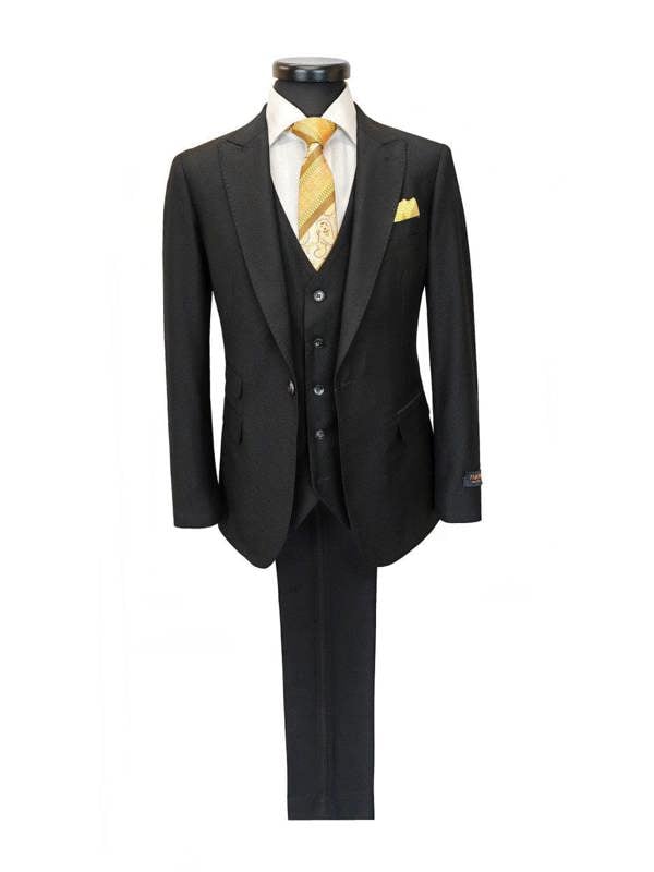Black PAMONI 3-piece slim fit suit with tailored jacket, vest, and trousers displayed on a hanger against a plain background.