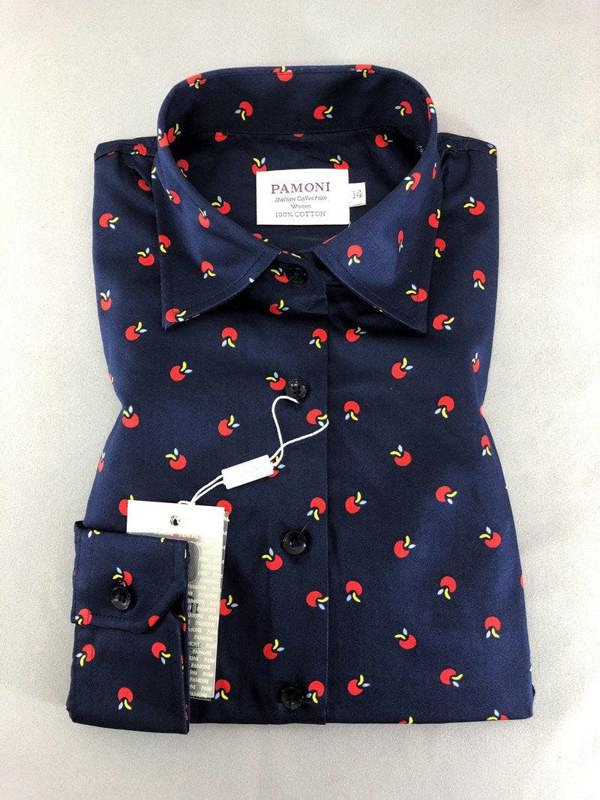 Navy Apple Print Fitted Shirt - Pamoni