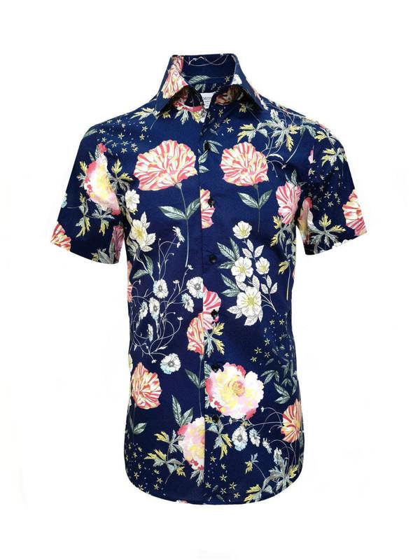 Blue floral print short sleeve shirt by PAMONI, shown with a relaxed fit and vibrant flower pattern on soft fabric.