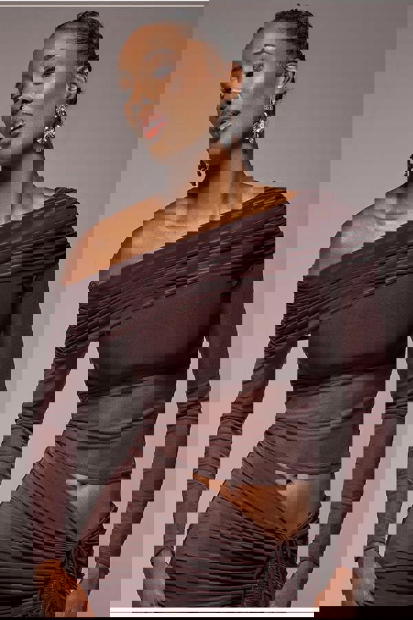 Gathered Bardot Asymmetric Mesh Panel Top - Brown T272