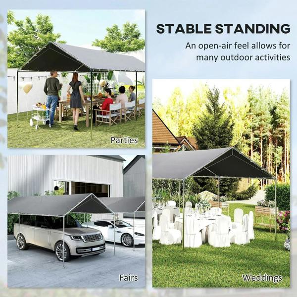Grey carport canopy in garden with seating setup under a black roof