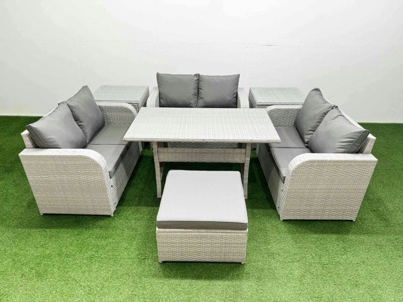 Fimous  7 Seater PE Wicker Rattan Furniture Sofa Sets with Rectangular Dining Table 2 Seater Love Sofa Big Footstool 2 Side Table Light Grey