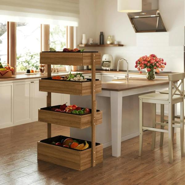 Four-tier wooden plant stand with open boxes for herbs and vegetables