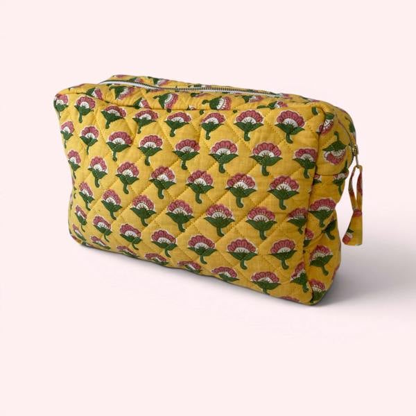 Hayley & Co XL Toiletry Bag - Quilted Cotton Large Wash Bag in Yellow Flower Block Print