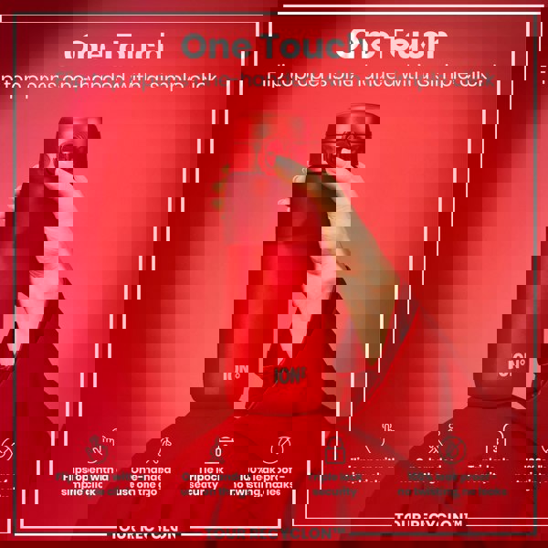 A red water bottle, being held, against a red background. The flip top opens one-handed with a simple click. It's advertised as one-handed, triple-lock security, and 100% leak proof. TOUR RECYCLON™ is also shown.