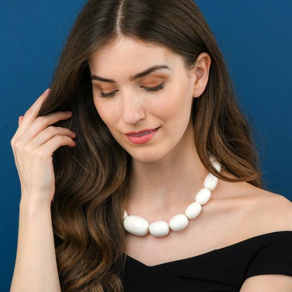 Zavana 20 inch Long White Oval Beads Statement Necklace for Women