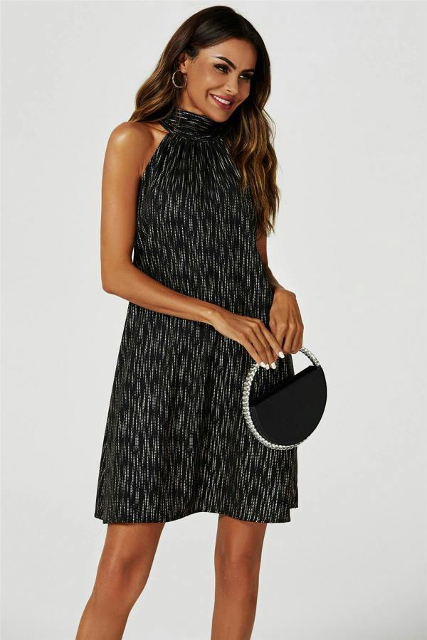 FS Collection Gold Foil Halter Neck Tie Back Mini Dress In Black