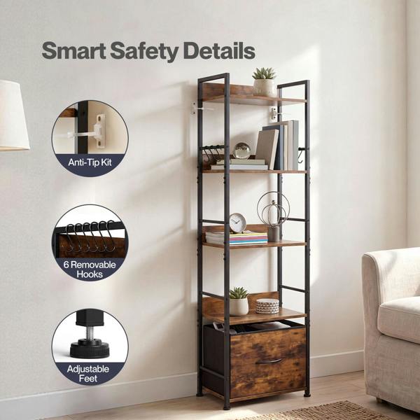 Levede Bookcase Drawer 5 Tier Slim Book Shelf Storage Unit Living Room Brown