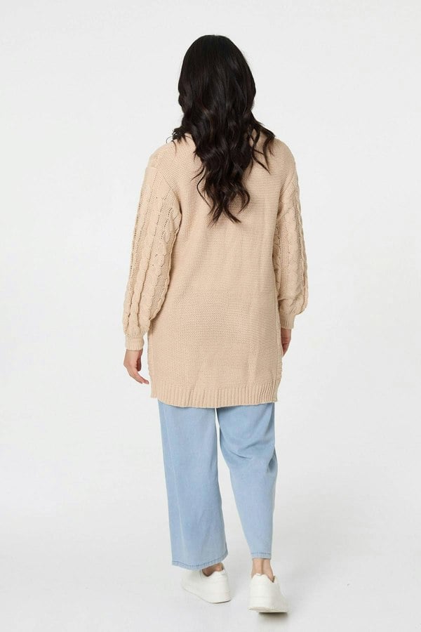 Beige | Longline Cable Knit Texture Cardigan
