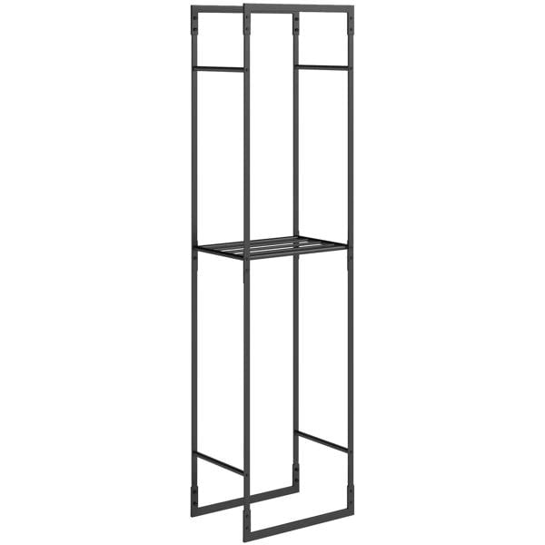 Black metal firewood log rack with open frame and lower grated shelf