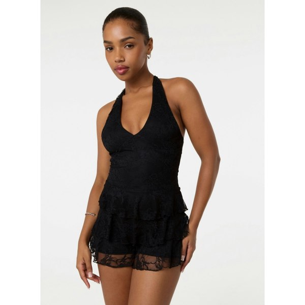 Pink Vanilla Lace Halterneck Tiered Mini Dress With Shorts