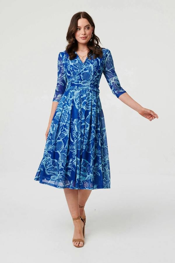 Blue | Leaf Print Mesh Layer Midi Wrap Dress