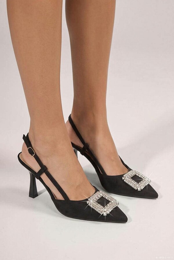 Goddiva Diamante Buckle Embellished Pointed Toe Sling Back High Heel - Black by Goddiva - Black