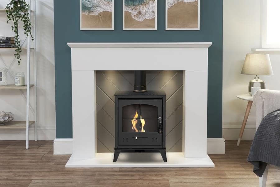 Adam Corinth Stove Fireplace in Pure White & Grey with Downlights & OKO S2 Bio Ethanol Stove in Charcoal Grey, 48 Inch