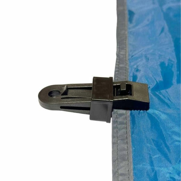 Illustration of a OLPRO Tent Groundsheet Pegging Clamp attached to a tent canvas, demonstrating one of its numerous applications. Available in a pack of four.