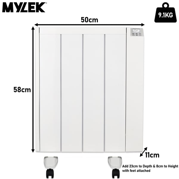MYLEK Electric Radiator Panel Heater Ceramic White Eco 1000W Bathroom Safe Wall Mounted Or Free Standing With Timer Thermostat