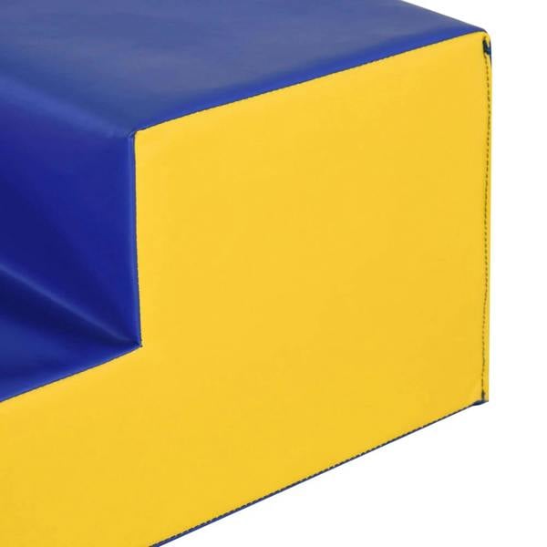 Foam playset corner detail with blue top and yellow side panels and stitched seam