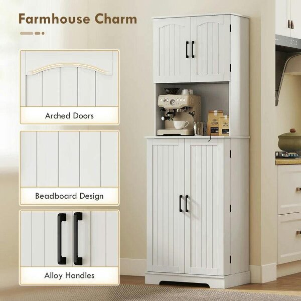 181.5 cm Freestanding Storage Cabinet, Tall Kitchen Cupboard with Adjustable Shelves, 8 Door Spice Racks, White