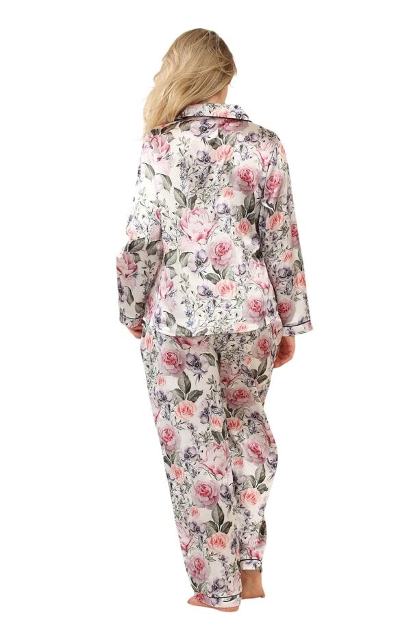 Women's Floral Satin Pajama Set with Pockets - Long Sleeve Button-Up Top and Full-Length Pants