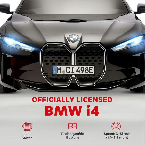 Front view of black kids electric ride-on car with BMW logo and twin headlights