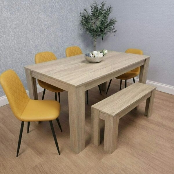 Kosy Koala Oak Effect Dining Table Set With 4 Mustard Gem Pattern Chairs And Bench Dining Room Furniture